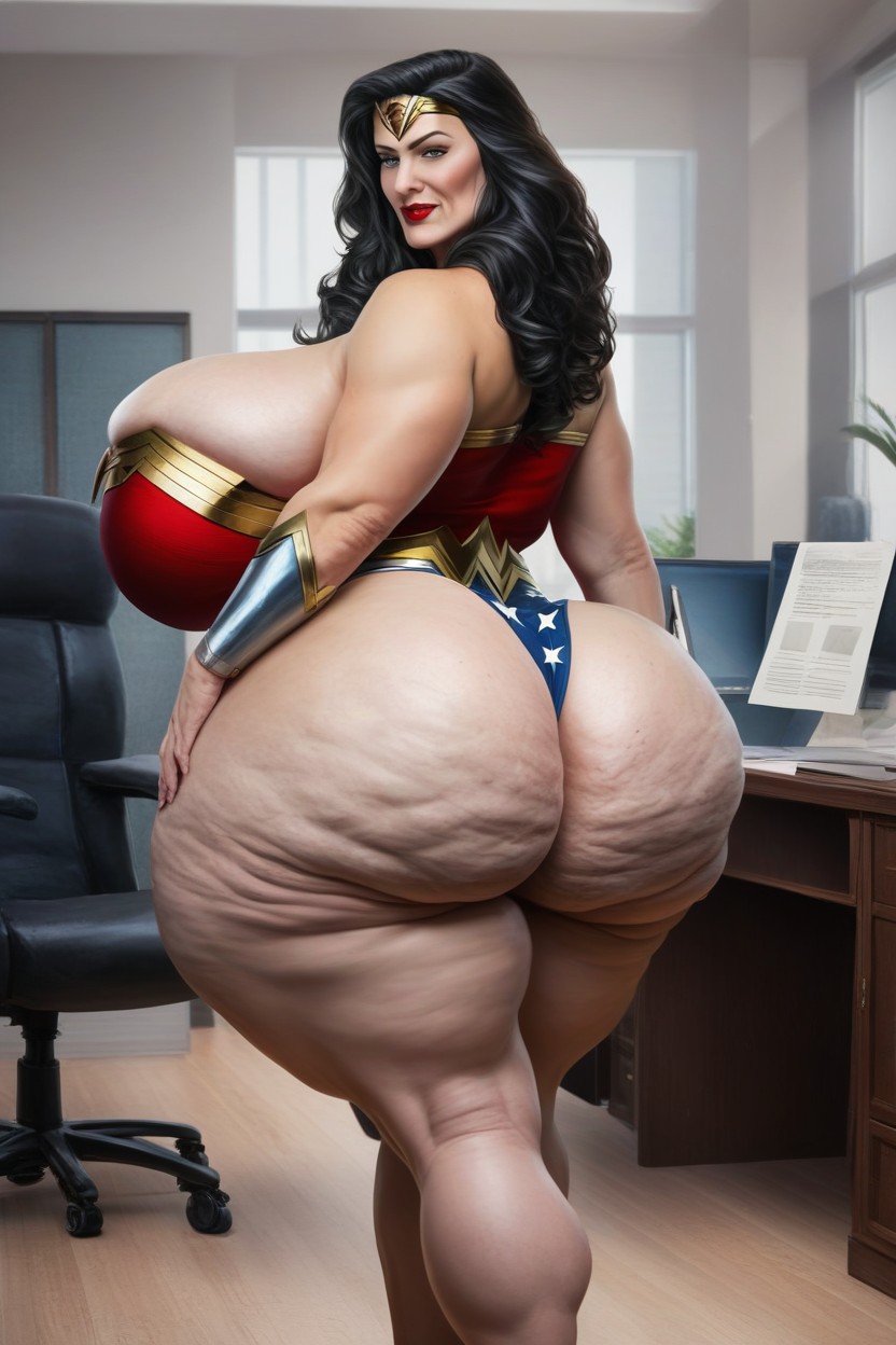 Wonder Woman Walking Away Looking Back At Viewer In Her Office, Red Lipstick, Close Up AI Porn