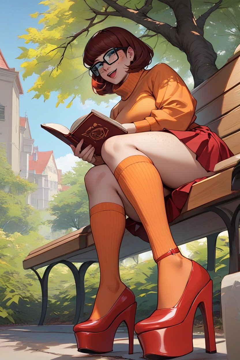 Makeup, Orange Thigh High Socks, Legs Spread쉬메일 AI 포르노