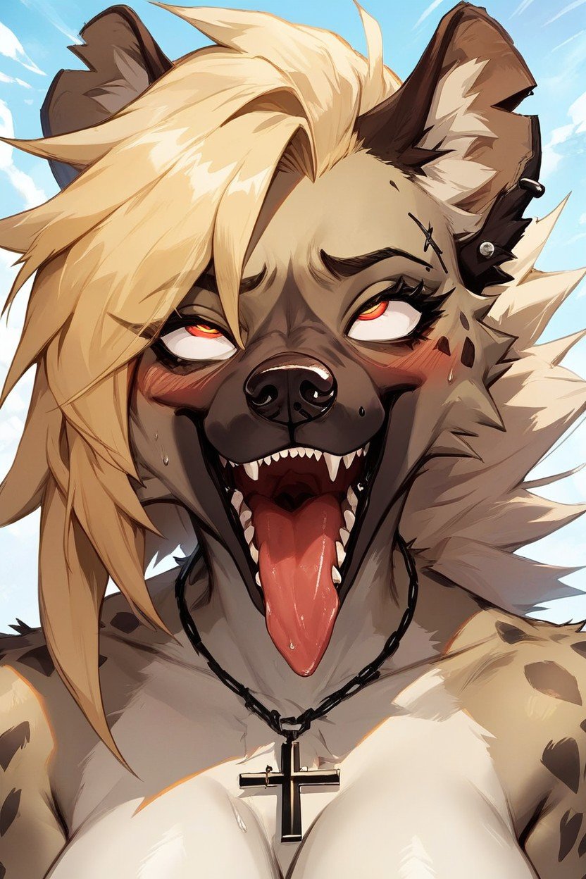 Female Hyena, Close Look On Face, Ahegao Pornografia peluda com IA