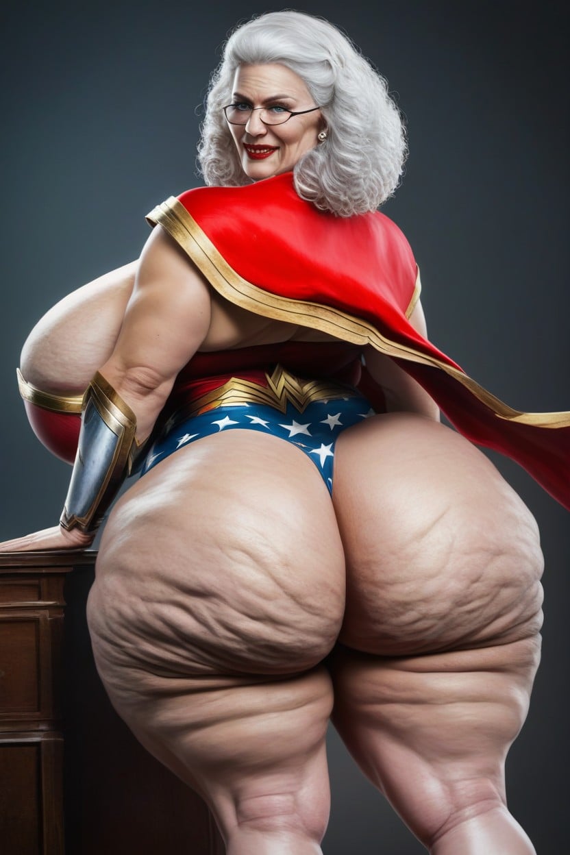 Wonder Woman Walking Away Looking Back At Viewer In Her Office, Insanely Huge Booty, Cellulite AI Porn