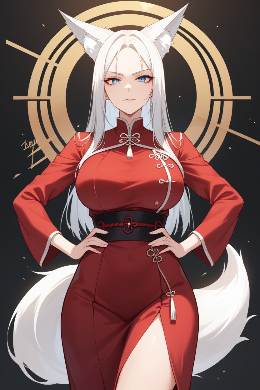 Red Skirt, White Hair, Fox EarsAI黄漫