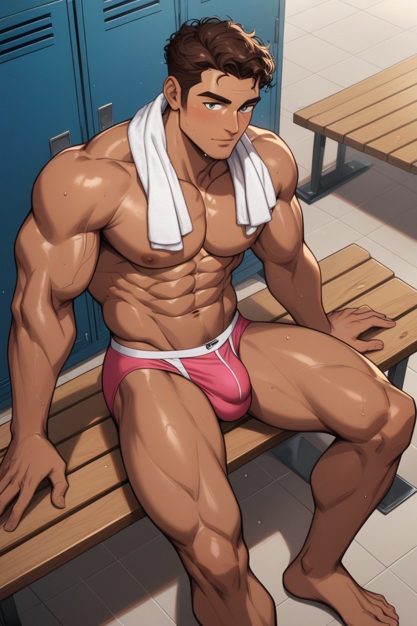 Elbows On Legs, Locker Room, Towel Around NeckゲイAIポルノ