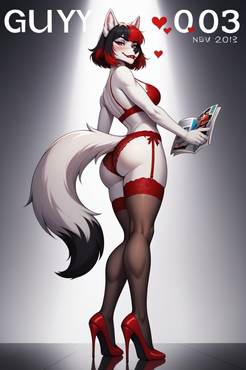 White Fur Body, Red Lipstick, Side View Furry AI Porn