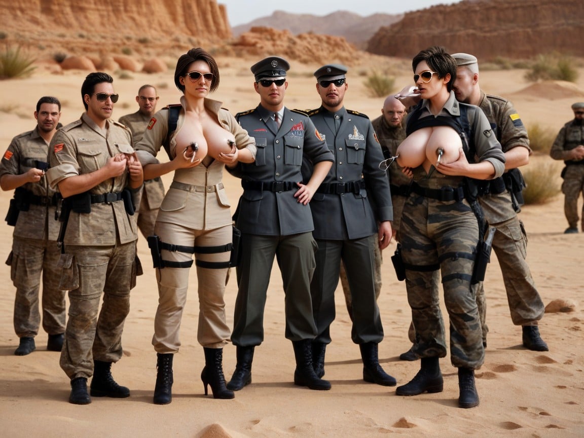 Fighting, Grab Breast By Men, Military Uniform With Desert CamouflageニューハーフAIポルノ