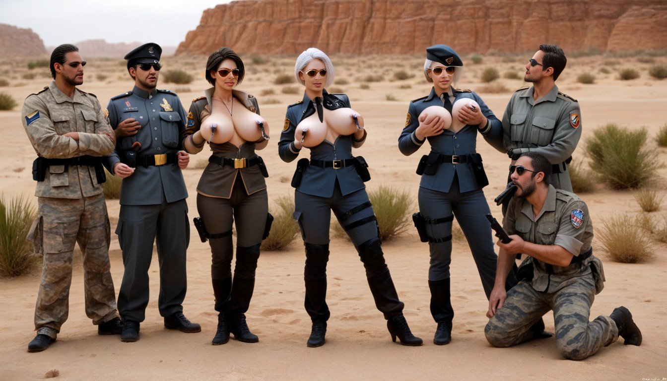 Military Uniform With Desert Camouflage, Nipple Clamps, Holding Guns Shemale AI Porn