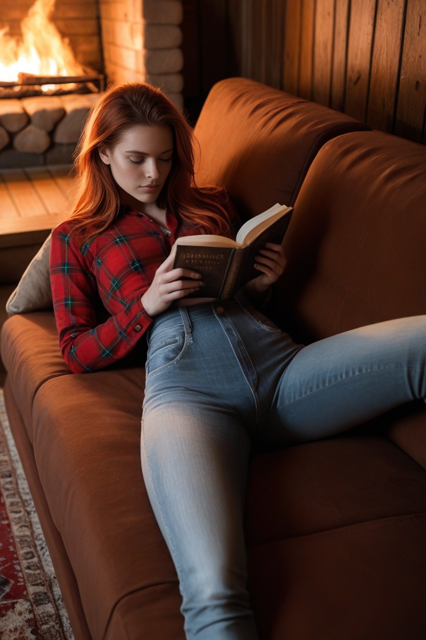 Long Red Hair, Legs Crossed On Couch, Ginger AI Porn