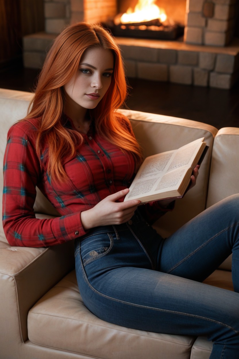 Long Red Hair, 18+, Focused On Book AI Porn