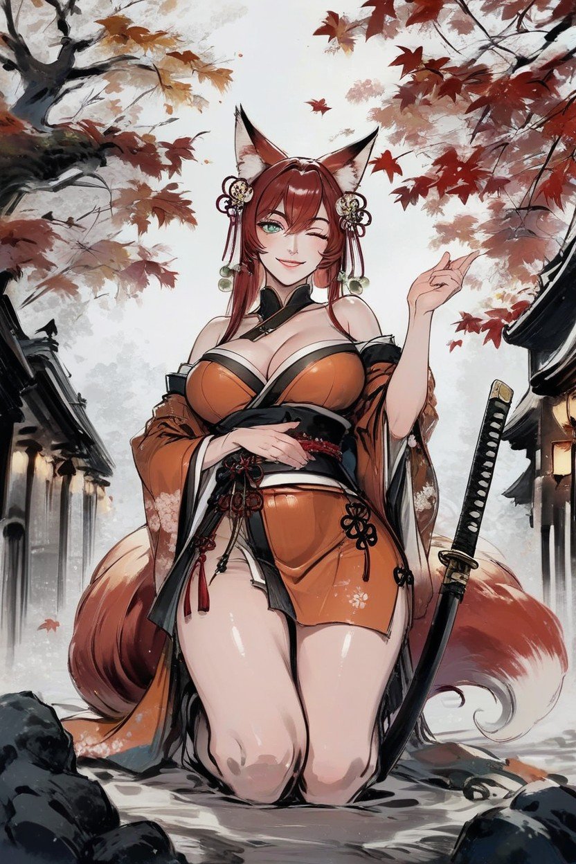 Fox Ears, Kneeling, Green Eyes Hentai AI Porn