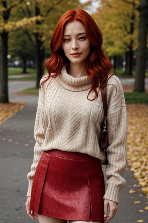 Red Hair, Skirt, Pullover Asian AI Porn