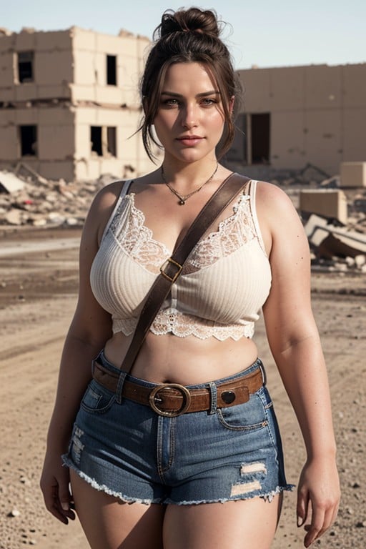 Side Buckle Cowgirl Boots, In A Destroyed War Torn Desert City With Rubble And Destroyed Buildings, 18+Porno IA transsexuelle