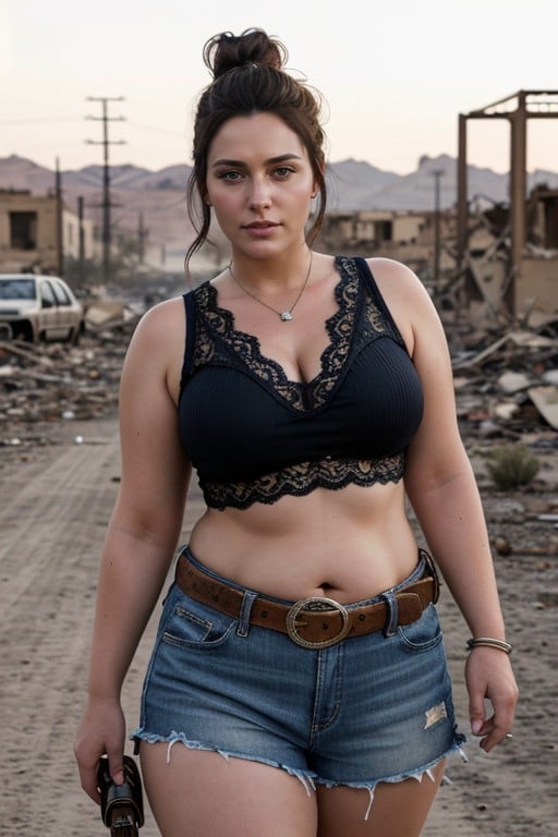 In A Destroyed War Torn Desert City With Rubble And Destroyed Buildings, With A Fat Face And A Hairy Pussy, FatPorno shemale IA