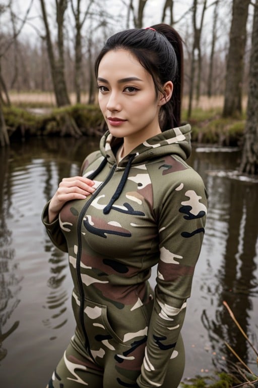 Swamp, Ponytail, Camouflage Catsuit Asian AI Porn