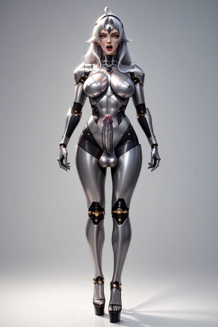 Sultry Look, Very High Platform Heels, All Of Her Body Is Shiny Metallicsites.postSEOTitles