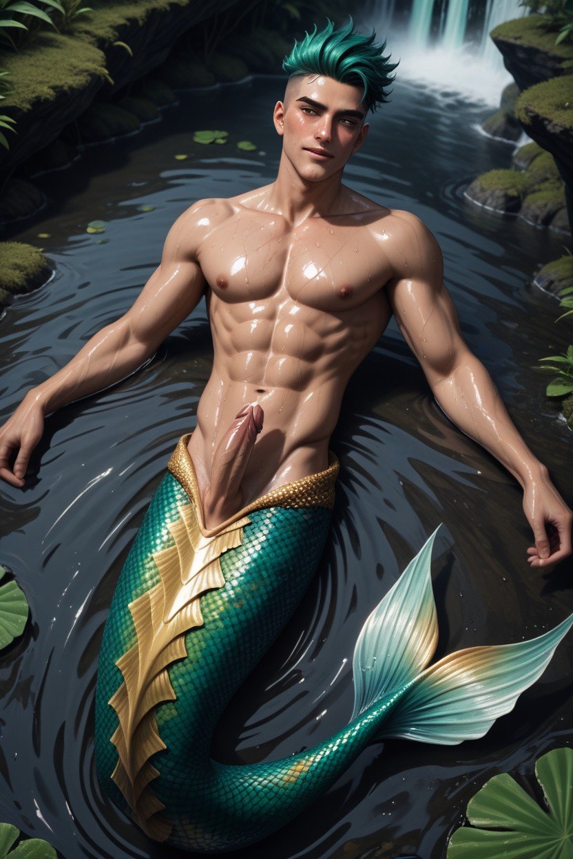 Oiled Skin, Sparkling Metallic Golden Mermaid Tail, Shirtless AI Gay Porn