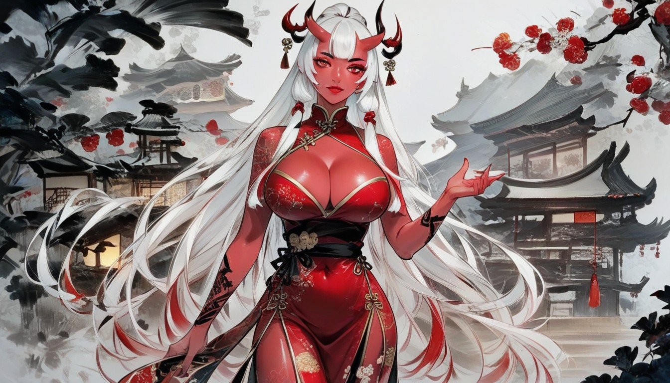 乳溝, Beautiful Face, White Hair With Red HighlightsAI黃漫