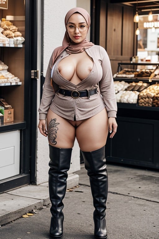 Botas, Tattoos - Bottomless - Long Sleeves T-shirt - Leather Belt - Pussy - Thick Hairy Pussy - High Knee Boots - Standing - Crowded Market - Overall Views - Straight Pose Up On Front, Peito Natural Pornografia peluda com IA