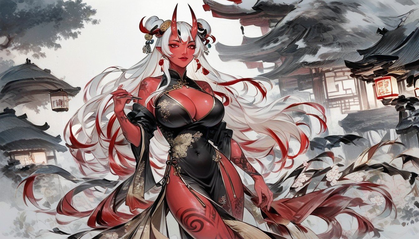 Oc Luna, Oni Horns, Red EyesPorno IA Hentai