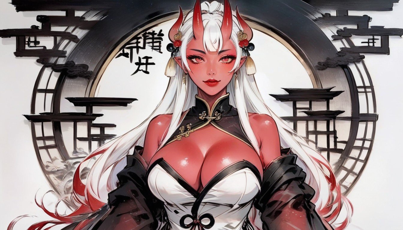 Cleavage, Red Highlights In White Hair, Massive Breast Hentai AI Porn