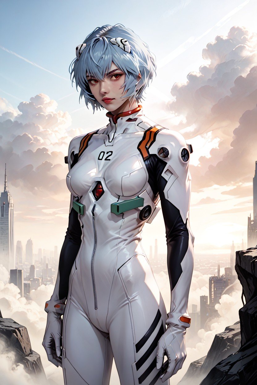 Detailed Background Of A Futuristic Cityscape With Towering Skyscrapers And A Cloudy Sky, 18+, Wearing A White Plugsuit With Green AccentsHentai IA