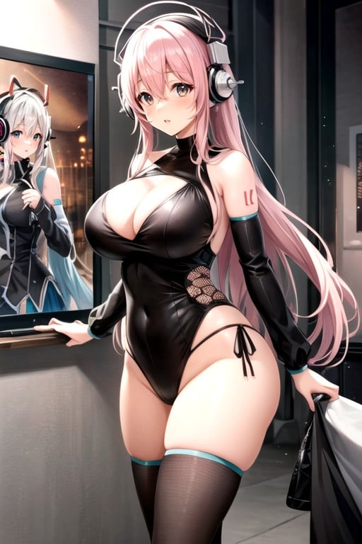 Sonico Sonicomi Headphones Pink Hair White Hair Hatsune Miku Big Breasts Plump Natural Shy, 18+ Hentai IA pornografia