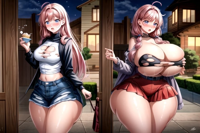 Then And Now Comparison Side By Side Of Her Much More Hyper Enlarged Pawg Fattened Hourglass Body Figure, Adicionar Detalhe, She Has Absurdly Unreal Hyper Gargantuan Sized Fat Boobs Hentai IA pornografia