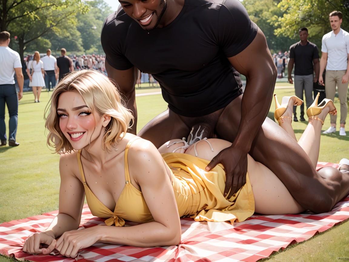 Dress Pulled Up, Park Setting, Dark African Man AI Porn