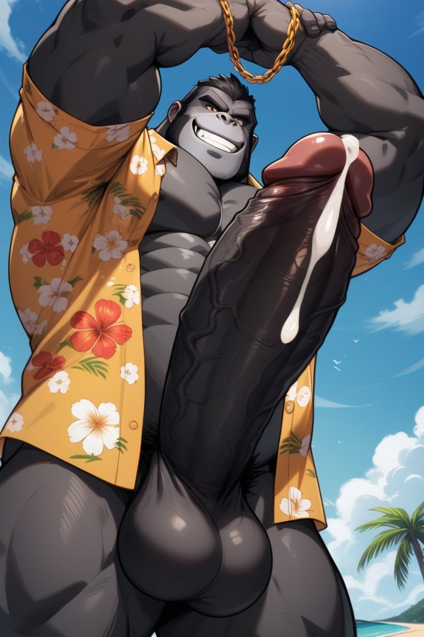 Massive, Hawaiian Open Shirt, Arms Crossed AI Gay Porn