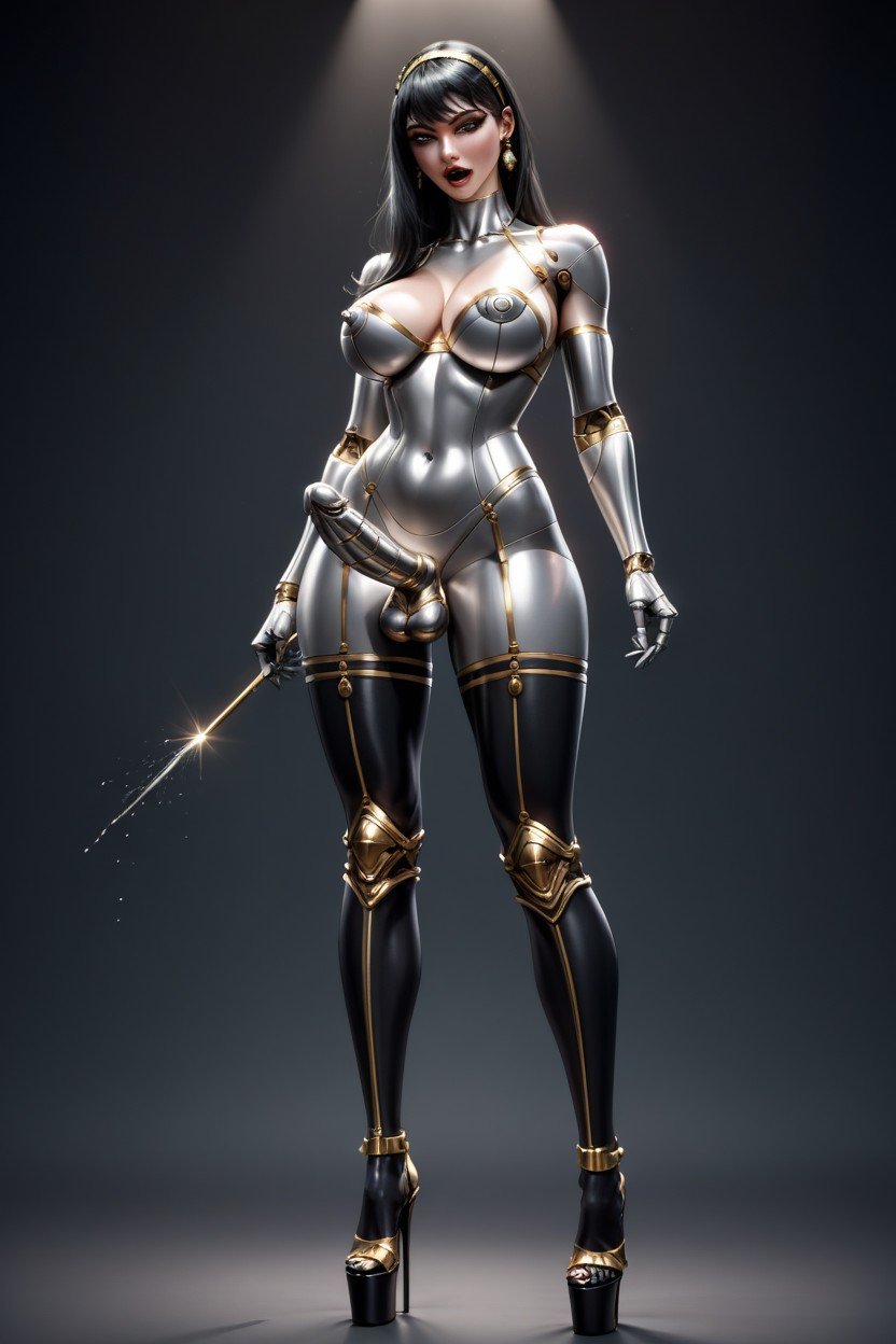 All Of Her Body Is Shiny Metallic, Hair Band, Front View Shemale AI Porn