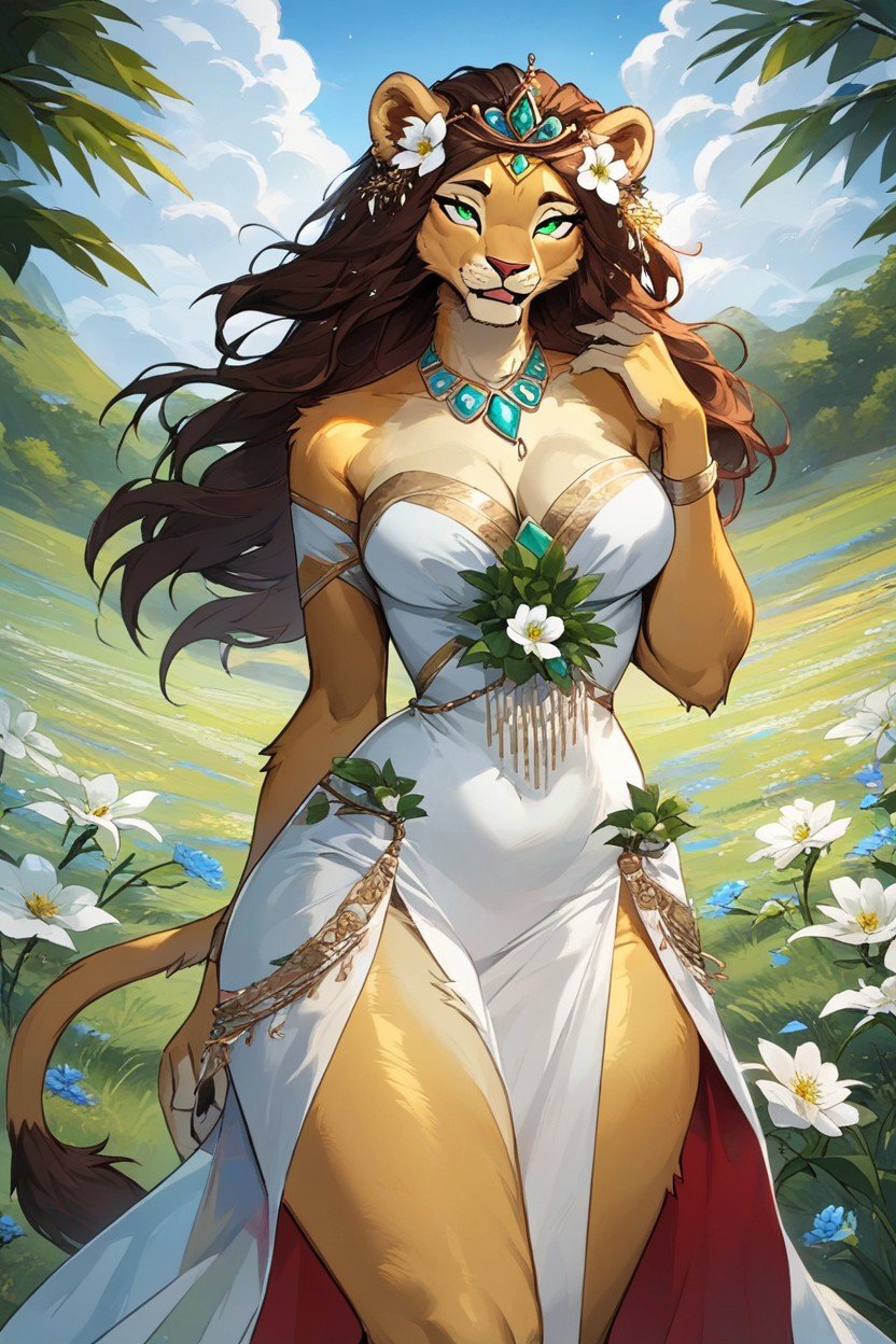 Medium Breasts, On Her Head Is A Beautiful Yara, Dressed In A Luxurious Royal Dress That Flutters On The Wind Furry AI Porn