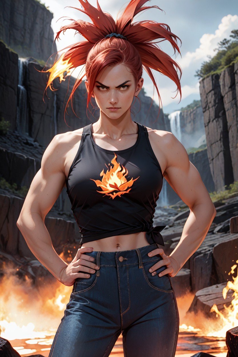 Confident And Determined Expression, Warm Lighting, Detailed Background Of A Volcanic Gym With Lava Flows And Rocky Terrain Hentai IA pornografia