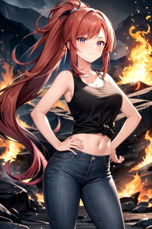 Confident And Determined Expression, And An Intense Atmosphere, Wearing A Black Tank With Flame Patterns And Jeans AI Gay Porn