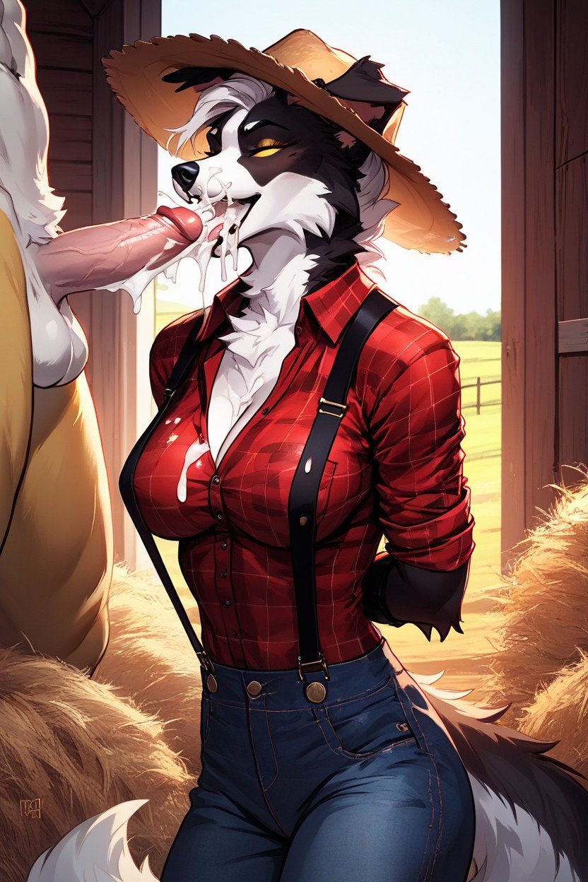 Female Border Collie With Black And White Fur Wearing Red Flannel Shirt And Red Overall Blowjob On A Big Penis Of A Yellow Eyes Closed Huge Cumshot, 無指手套, Lots Of Cum Cum On MouthAI兽人黄片