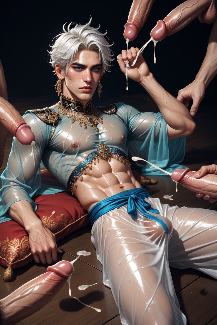 Massive, Oriental Big Lips Dancer Legs Reclining On Cushion Ready For His Man His Is Not Muscular Lascivious Pose Transparent Clothes Showing His Dick No Sperm On His Face Wearing Transparent Harem Pants Offering His Hole Look, Earrings AI Gay Porn