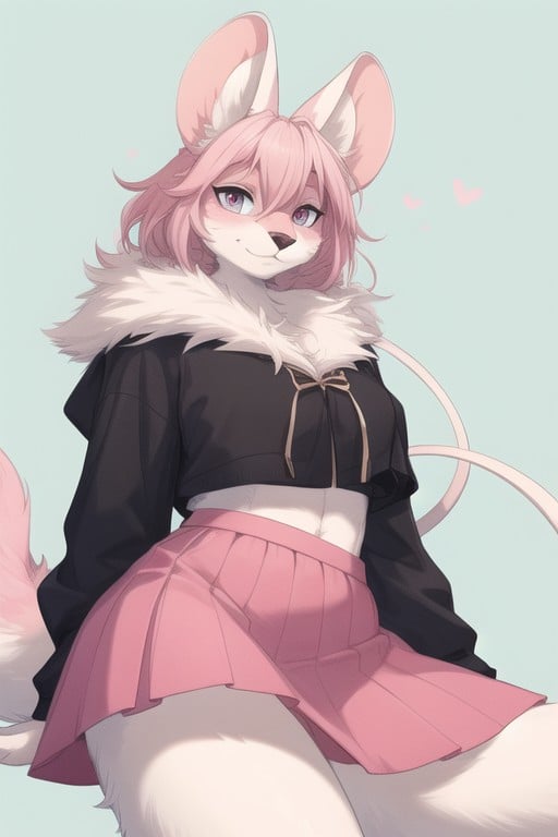 Fluffy Pink Skirt Paired With A Snug Top That Enhances His Appearance His Expression Is Playful And Flirtatious, An Anthropomorphic Man Mouse With A Figure And Delicate Features His Fur Is Soft And Light Colored, Bright Eyes That Convey Sweetness The Scene Is Bright And FriendlyPorno IA Furry