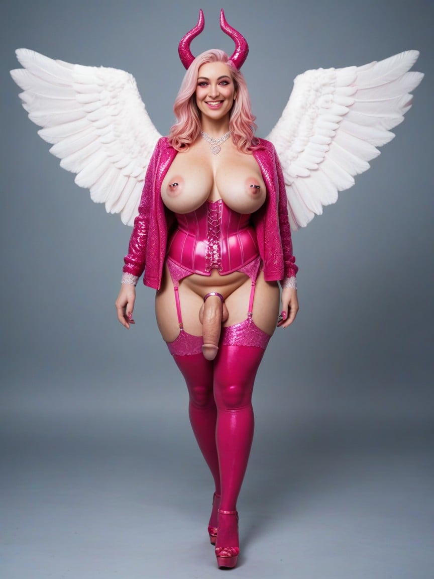 Pink Glitter Perm Hair, Whole Body, Dark Pink Wings Pornografia gay com IA