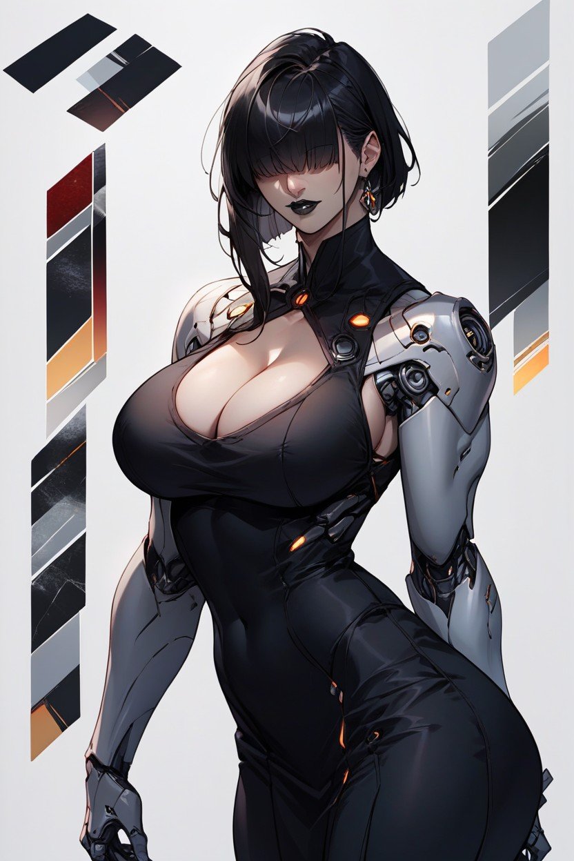 Medium Black Hair Bangs Over Her Eyes Pale Black Cybernetic Arm Black Lipstick Dark Futuristic Clothes Cleavage Character Reference Sheet, 거대한 가슴, 18+퍼리 AI 포르노