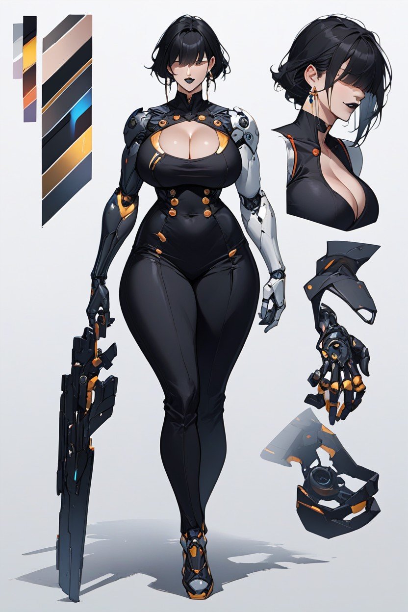 큰 엉덩이, 거대한 가슴, Medium Black Hair Bangs Over Her Eyes Pale Black Cybernetic Arm Black Lipstick Dark Futuristic Clothes Cleavage Character Reference Sheet퍼리 AI 포르노