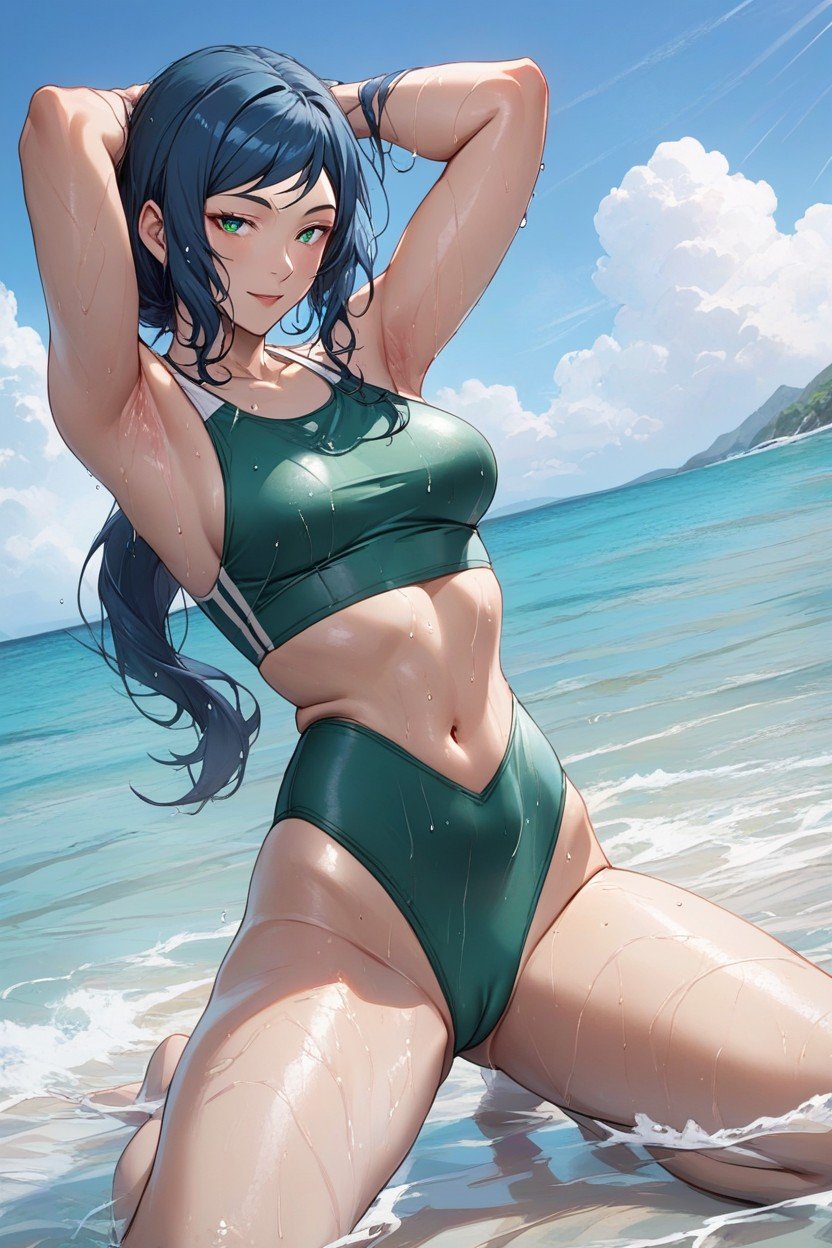 Green Sleeveless Swimsuit Crop Top, Arms Up, Camel ToeHentai IA