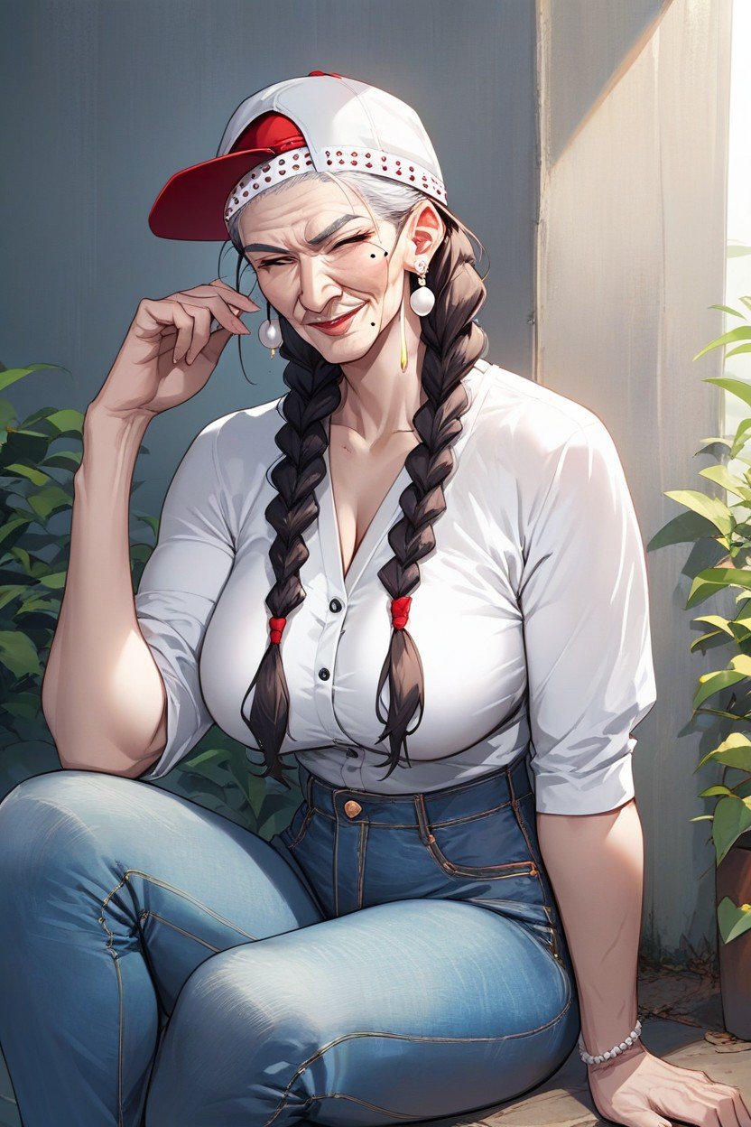 18+, Centric Old Grandma Wrinkled Skin Mole On Face Saggy Breast Waist Pearl Headband High Waisted Jeans Tight Blouse Backwards Baseball Hat Pigtails Braided Old Grandma Sitting Diagonal Pornografia peluda com IA