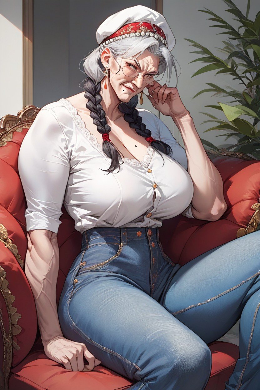 Centric Old Grandma Intense Glare Wide Eyes Wrinkled Skin Mole On Face Saggy Breast Waist Pearl Headband High Waisted Jeans Tight Blouse Baseball Hat Backwards Pigtails Braided Old Grandma Sitting Diagonal Janitorial Sofa, 18+ Furry AI Porn