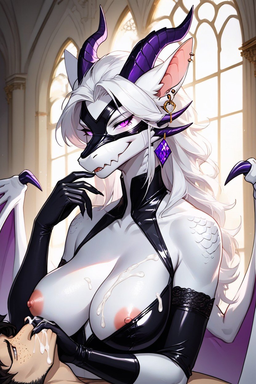 Freckles, Purple Eyes, White Dragon Woman Furry AI Porn