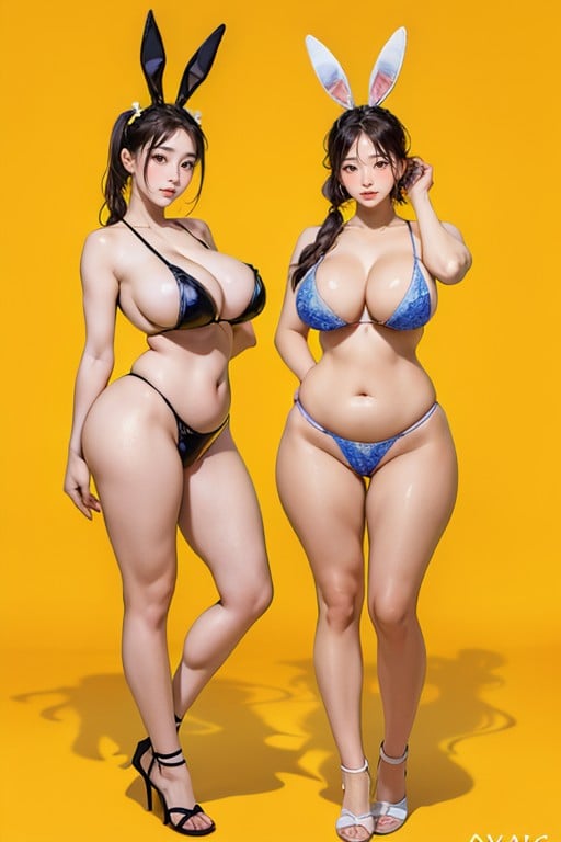 Blushing, Simple Yellow Background, Two Standing Side By SideAI國產黃片