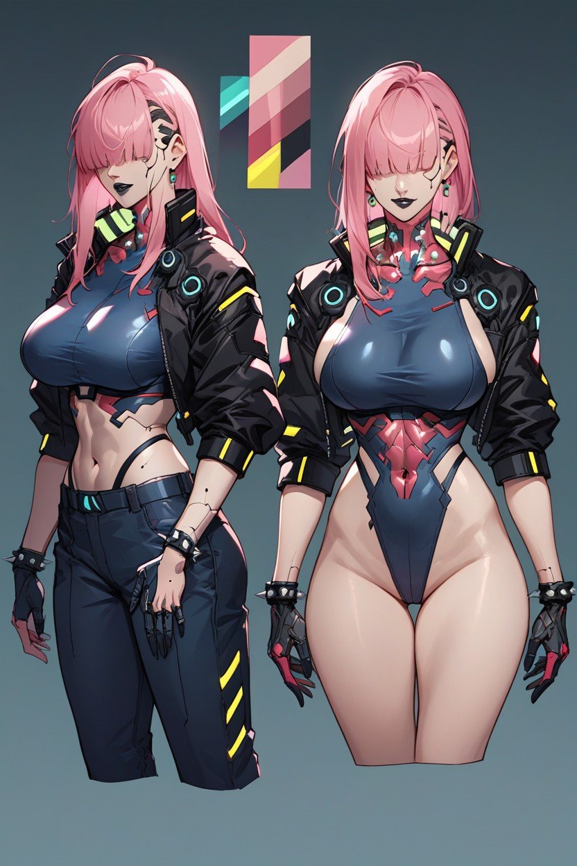 Pinkes Haar, Stachelarmband, Pale Skin Medium Bkack Hair Long Bangs Completely Cover Her Eyes Black Lipstick Cyberpunk Body Lines Black Cybernetic Arm Character Reference SheetFurry KI Porno