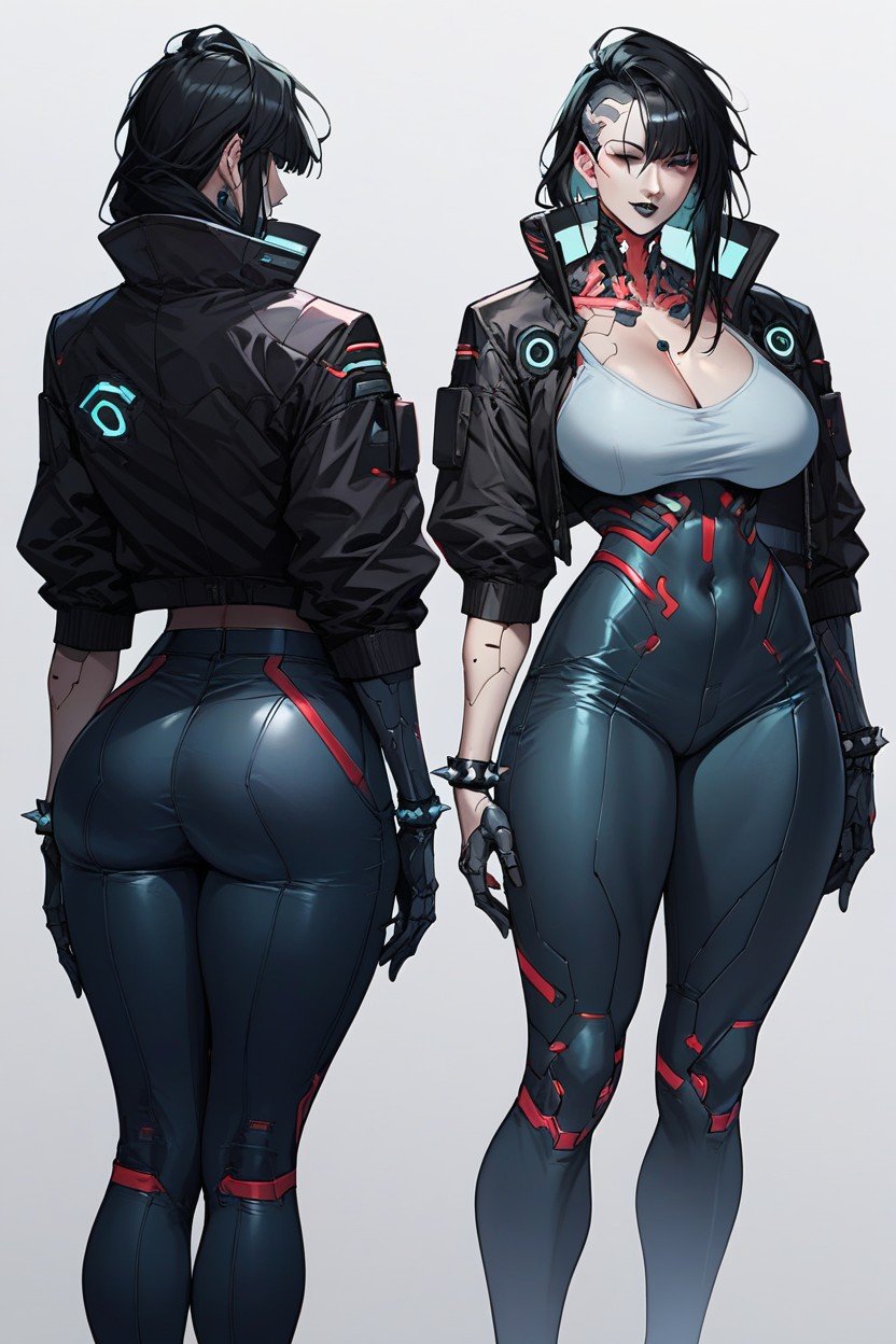 Pale Skin Medium Black Hair Long Bangs Completely Cover Her Eyes Black Lipstick Cyberpunk Body Lines Black Cybernetic Arm Character Reference Sheet, Sein Massif, 18+Porno IA Furry