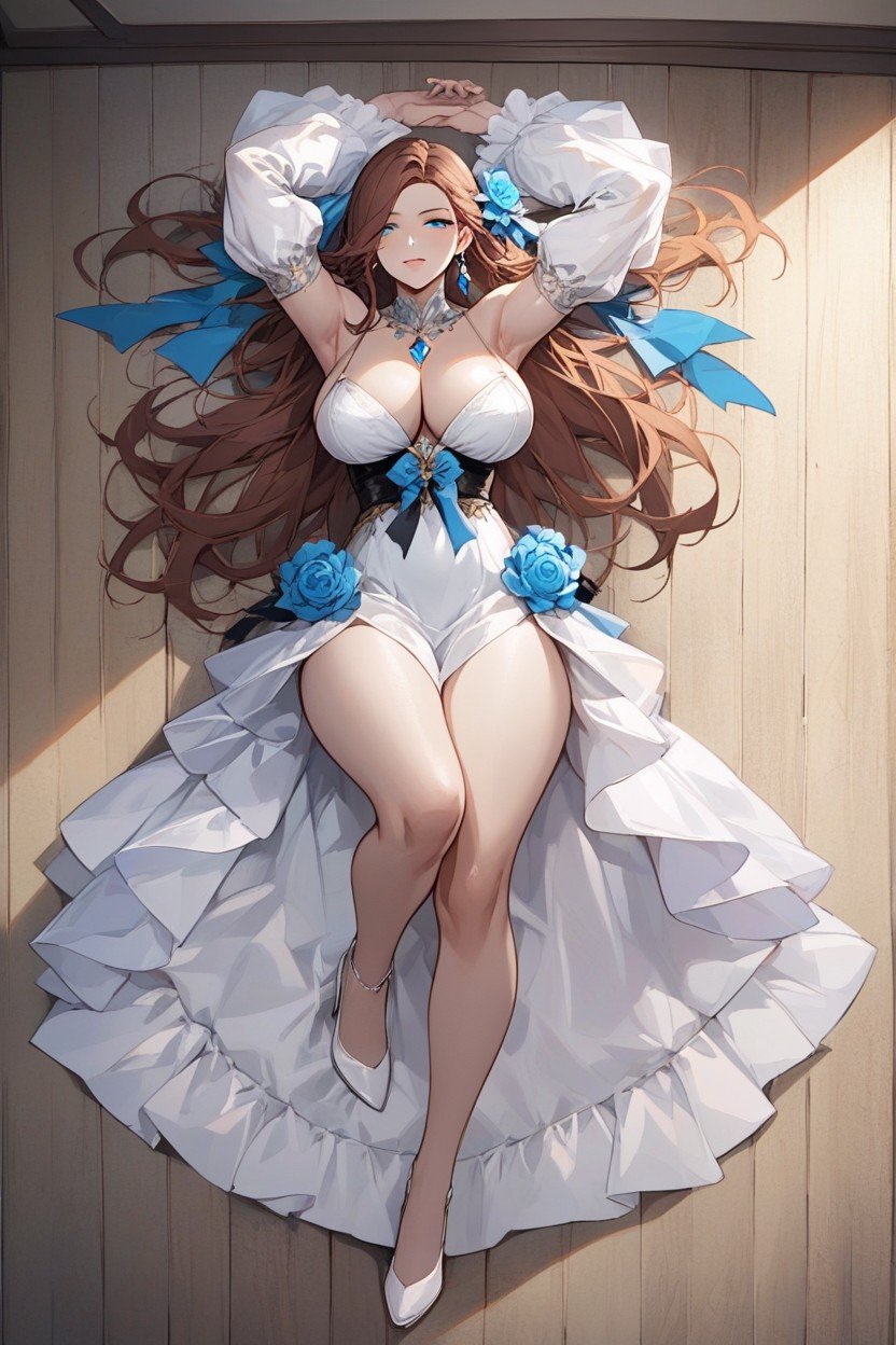 Wavy Light Brown Hair That Reaches Past Her Waist The Hair Flows Naturally With Soft Waves, Adding A Delicate Touch, Giving It A Voluminous And Slightly Tousled Look A Light Blue Ribbon Is Tied Into The Hair On The Left Side Hentai IA pornografia