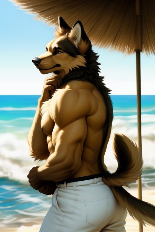 Scabbard, Plage, MuscléPorno IA Furry