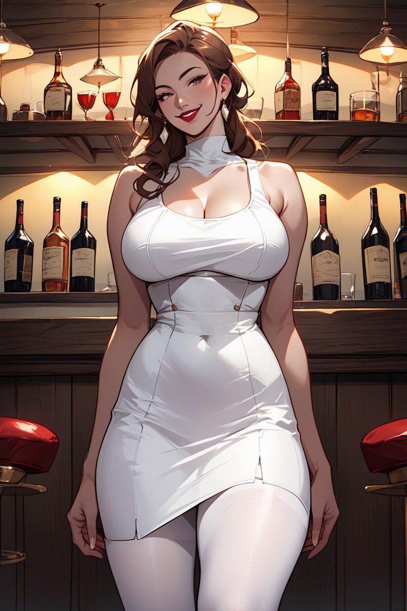 White Knee High Boots, 18+, Brown Hair Woman Standing In A Bar Shemale AI Porn