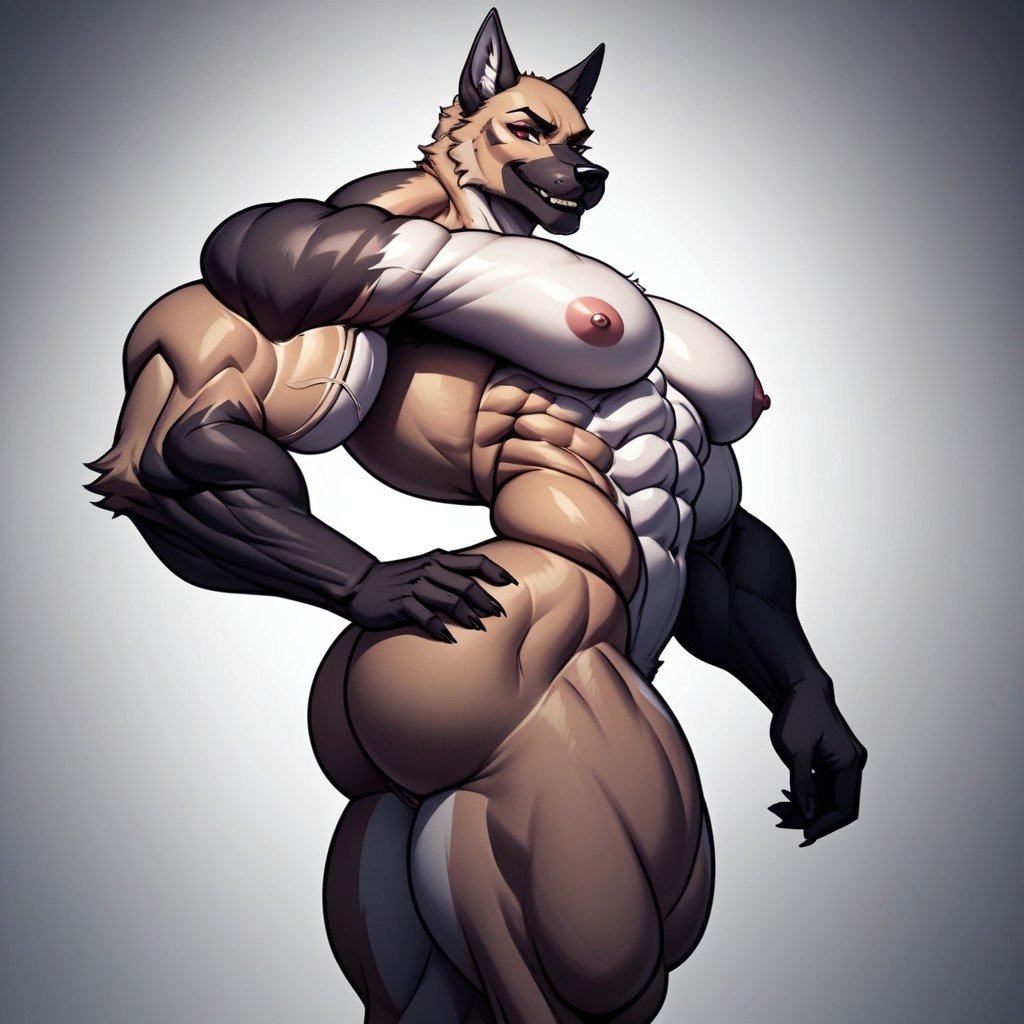 Hyper Muscle Growth, Side View, Beefy Furry AI Porn