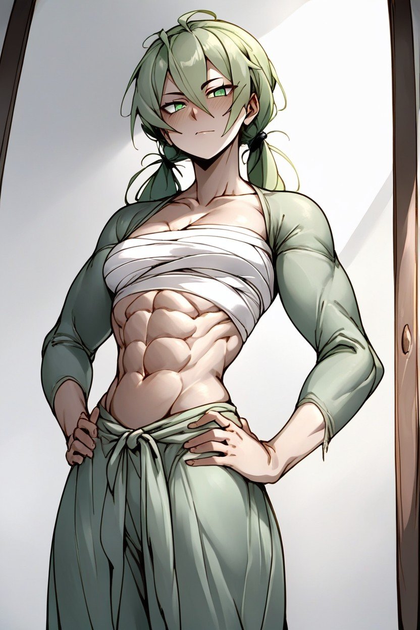 Exposed Abs, Baggy Gray Green Pajamas, Doppel ArtstyleニューハーフAIポルノ