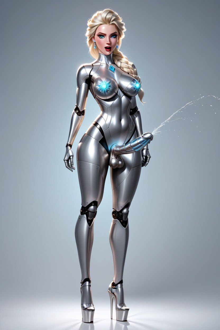 Opened Mouth, All Of Her Body Is Shiny Metallic, Robot Princess Elsa From DisneyニューハーフAIポルノ